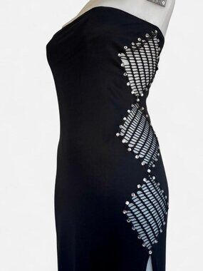 Vintage Nom de Plume strapless black maxi dress with crystals and fishnet cutout